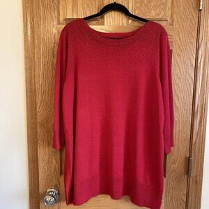 Cable & Gauge Woman Red Sweater, 3/4 sleeves Round Neck Size 2X Black Sequins